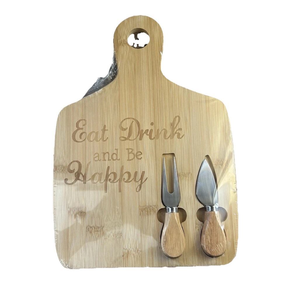 New Wood Cheese Board Serve Tray Stainless Steel Utensils Eat Drink Be Happy Set